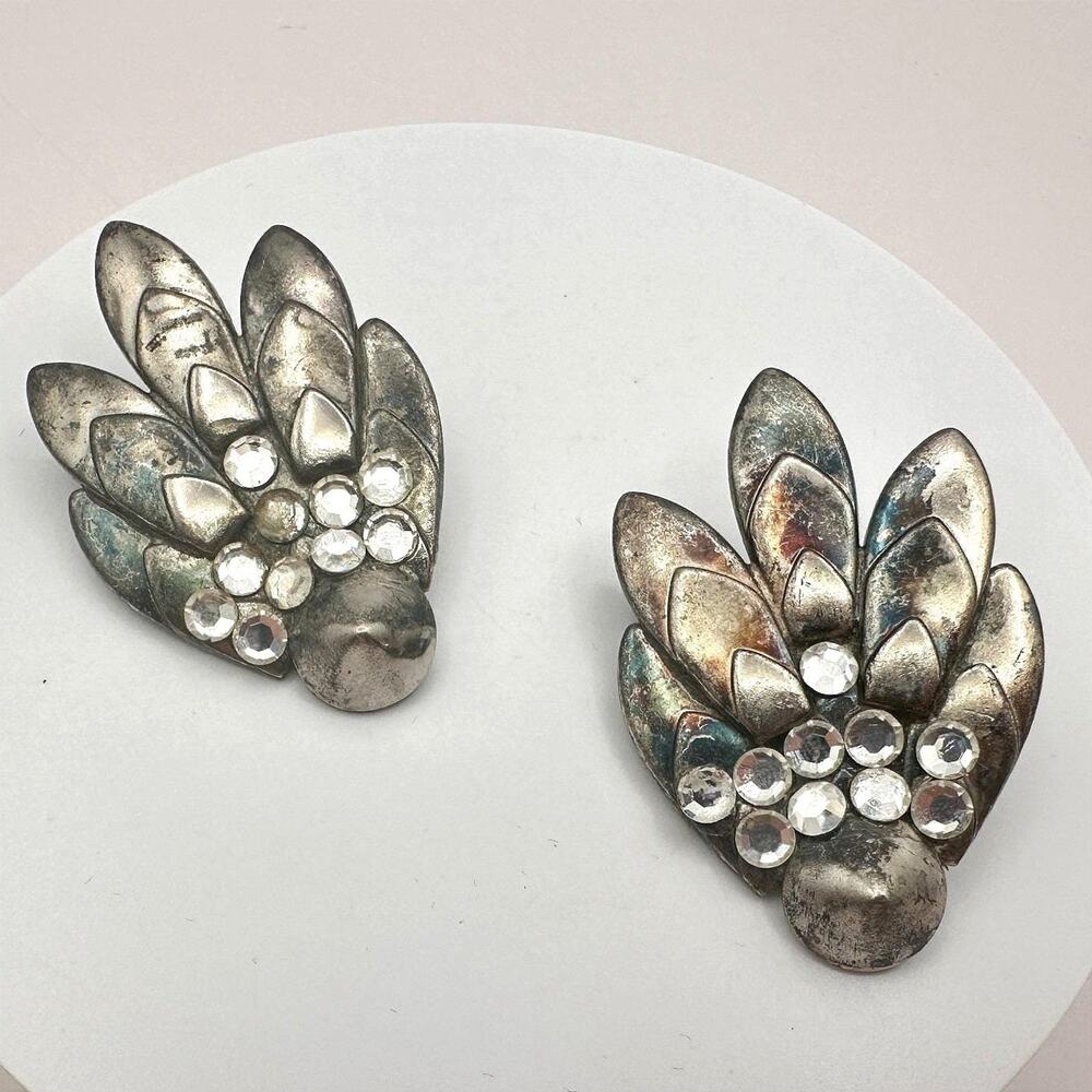 Vintage 80s Silver Tone Clear Glass Earrings Floral Leaf Boho Fashion Jewelry